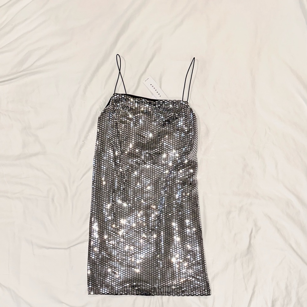 TOPSHOP mini club/party metallic reflective mini dress.